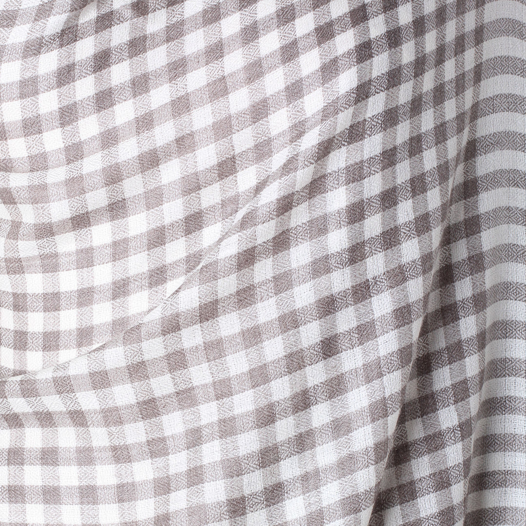 Cream Color Wool Shawl with Thin Checkered Grey Composition - Grey Checkered Lands