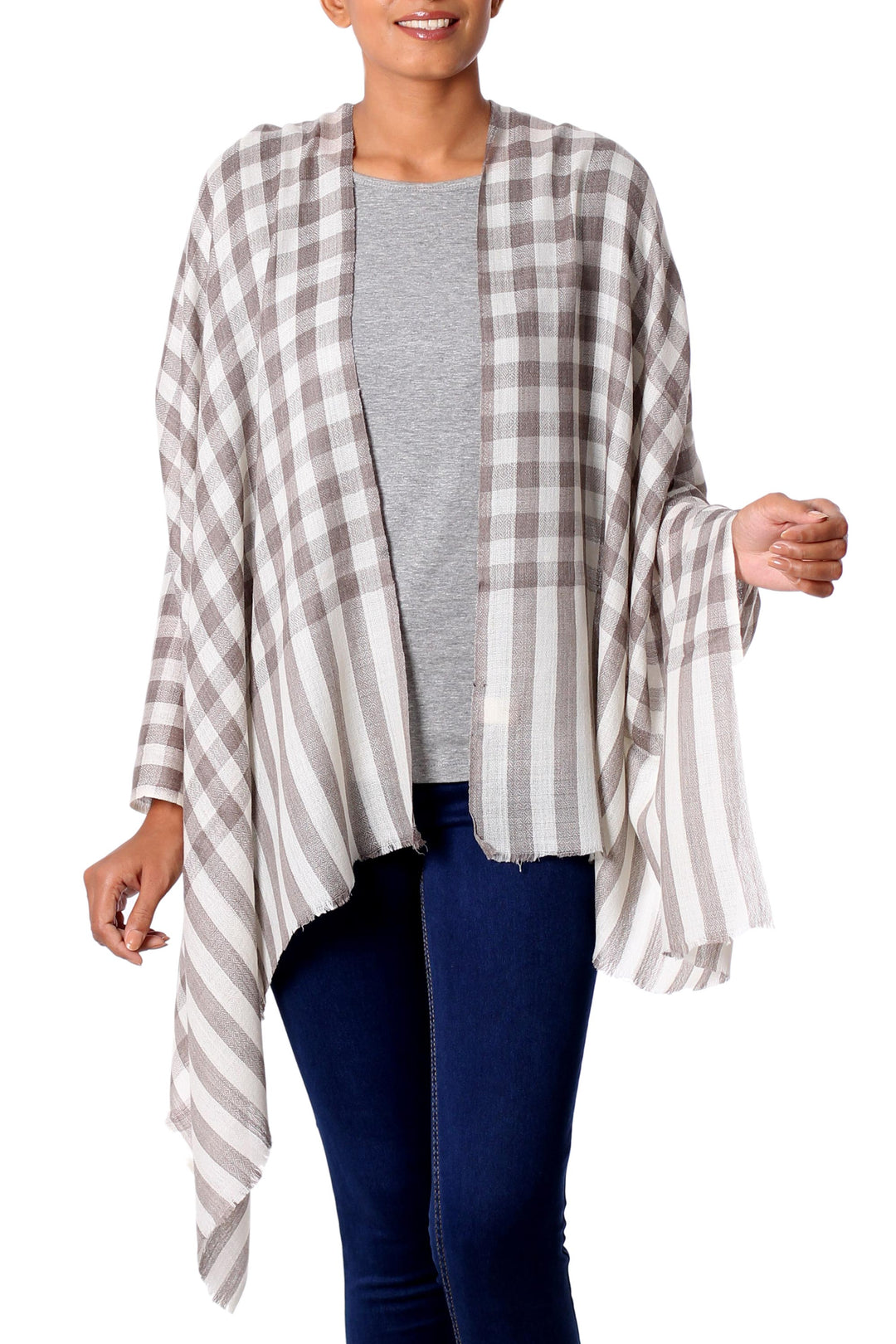 Cream Color Wool Shawl with Thick Checkered Grey Composition - Grey Checkered Landscape