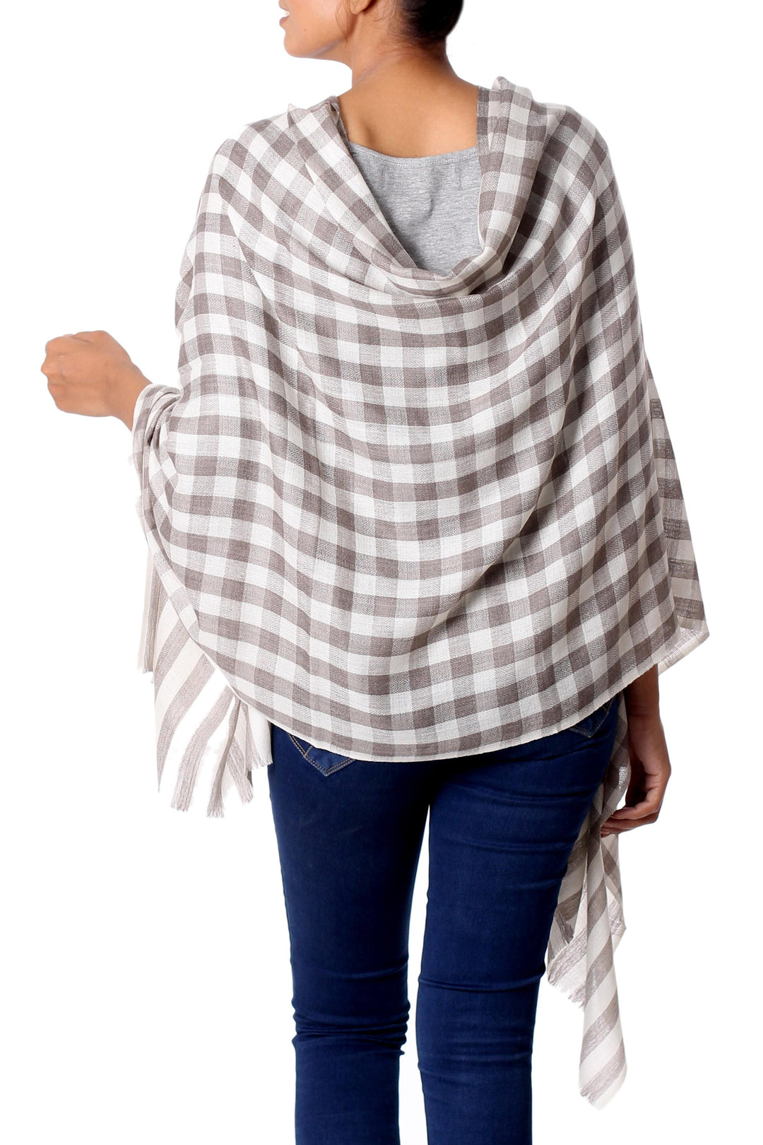 Cream Color Wool Shawl with Thick Checkered Grey Composition - Grey Checkered Landscape