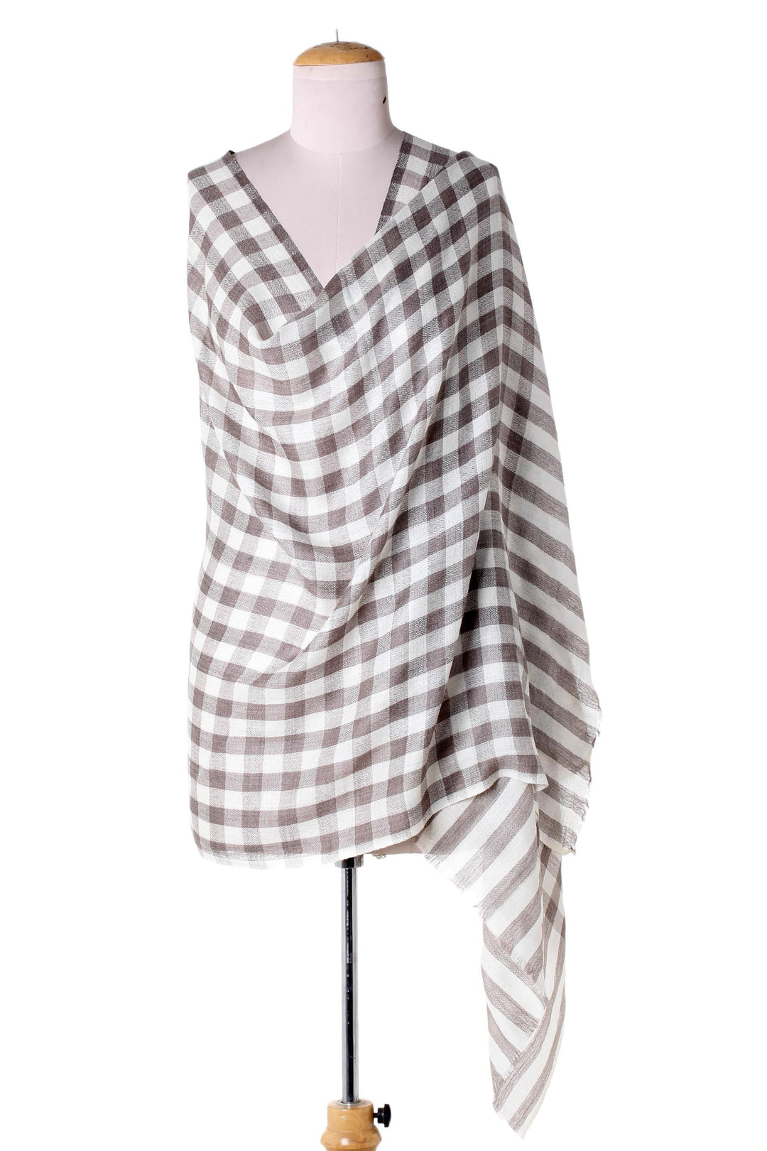 Cream Color Wool Shawl with Thick Checkered Grey Composition - Grey Checkered Landscape