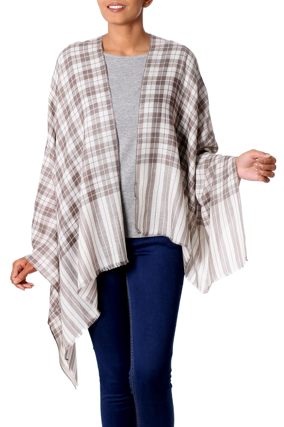 Wool Shawl from India Grey Checkered Pattern over Cream - Salient Paths