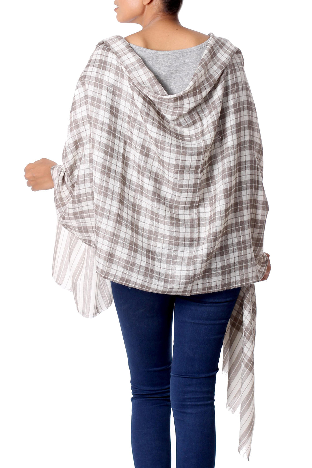 Wool Shawl from India Grey Checkered Pattern over Cream - Salient Paths