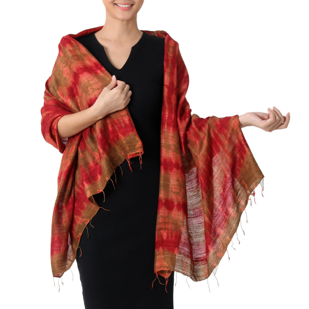 100% Silk Orange and Green Shawl from Thailand - Orange Dance