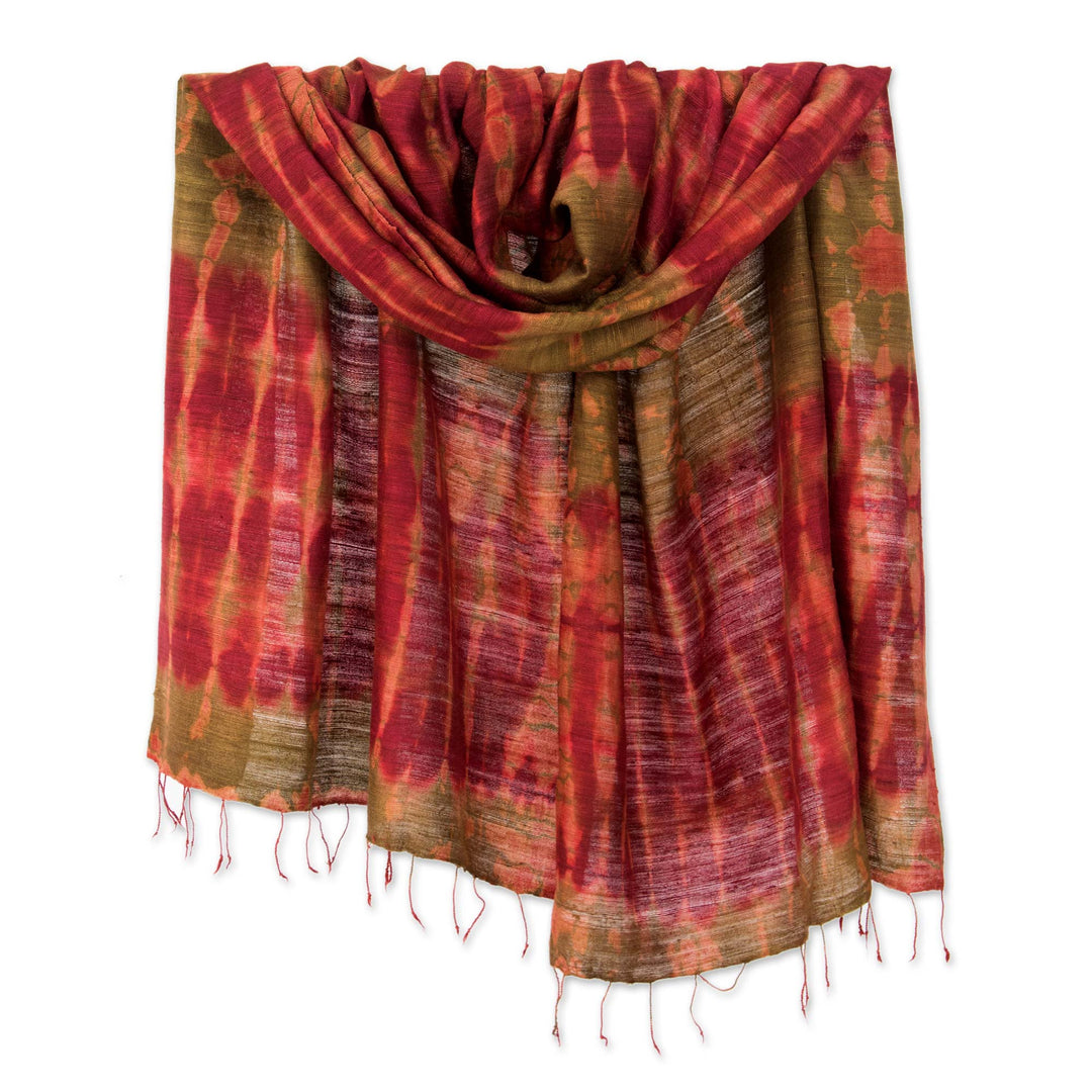 100% Silk Orange and Green Shawl from Thailand - Orange Dance