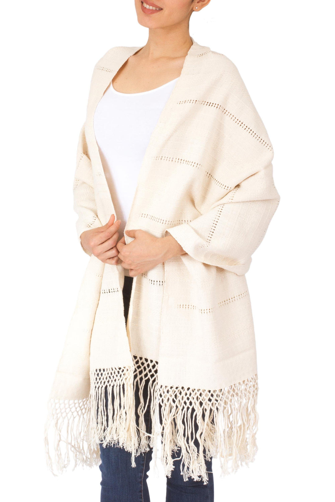 Handwoven Zapotec Shawl in Natural Unbleached Cotton - Zapotec Whisper