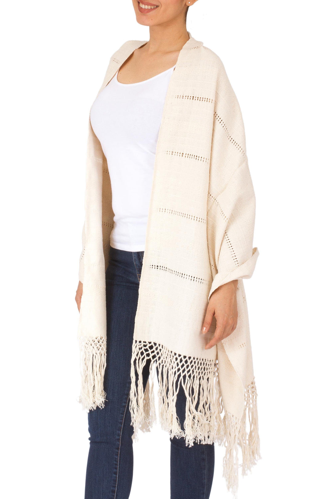 Handwoven Zapotec Shawl in Natural Unbleached Cotton - Zapotec Whisper
