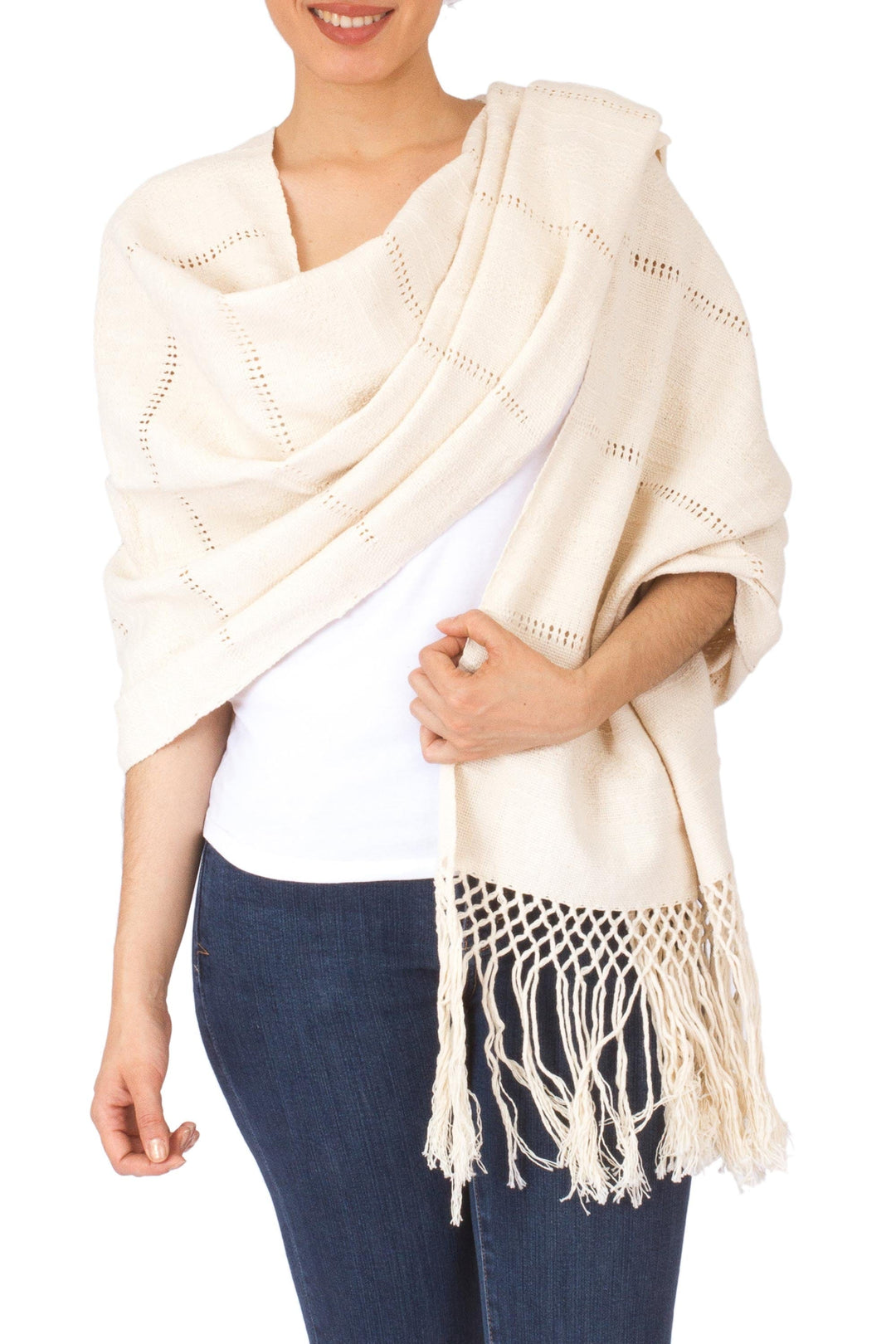 Handwoven Zapotec Shawl in Natural Unbleached Cotton - Zapotec Whisper