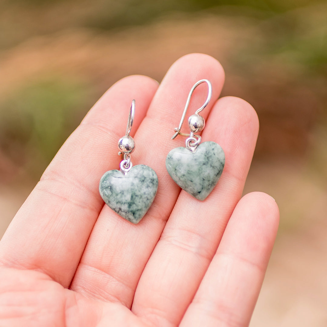 Green Heart Shaped Jade Silver Dangle Earrings Guatemala - Mayan Heart in Green