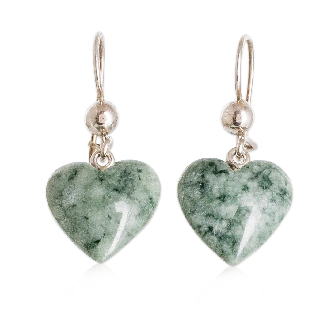 Green Heart Shaped Jade Silver Dangle Earrings Guatemala - Mayan Heart in Green