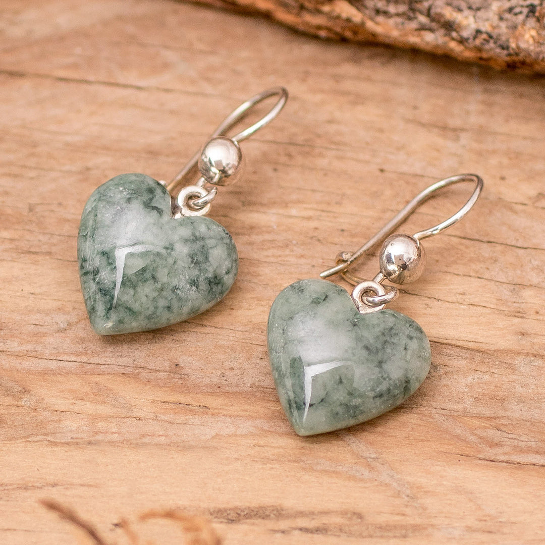 Green Heart Shaped Jade Silver Dangle Earrings Guatemala - Mayan Heart in Green