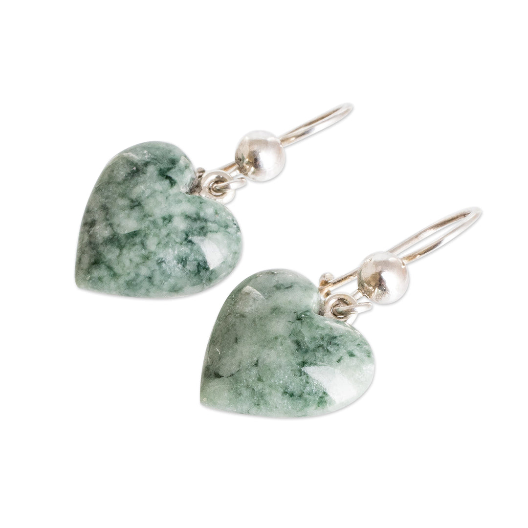 Green Heart Shaped Jade Silver Dangle Earrings Guatemala - Mayan Heart in Green