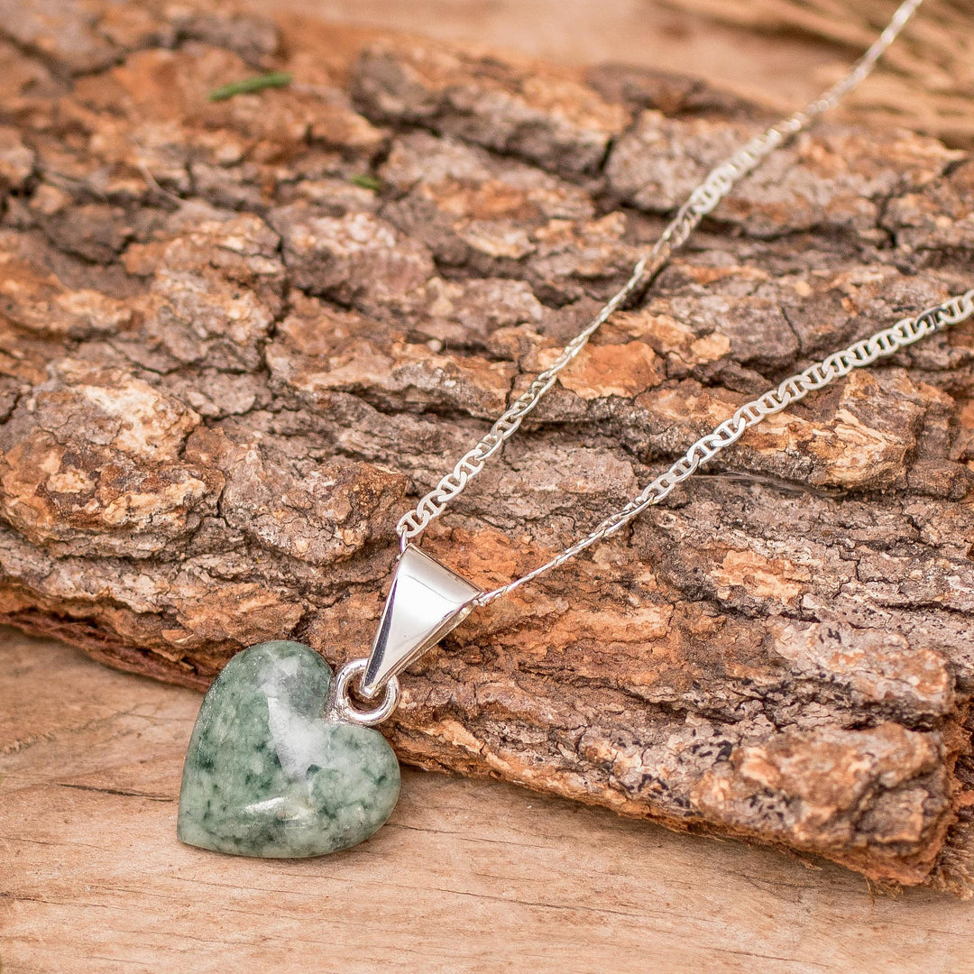 Light Green Jade Silver Heart Pendant Necklace Guatemala - Mayan Heart in Light Green