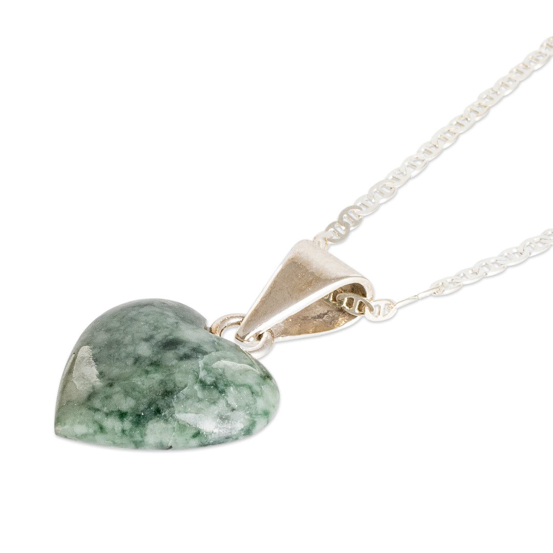 Light Green Jade Silver Heart Pendant Necklace Guatemala - Mayan Heart in Light Green