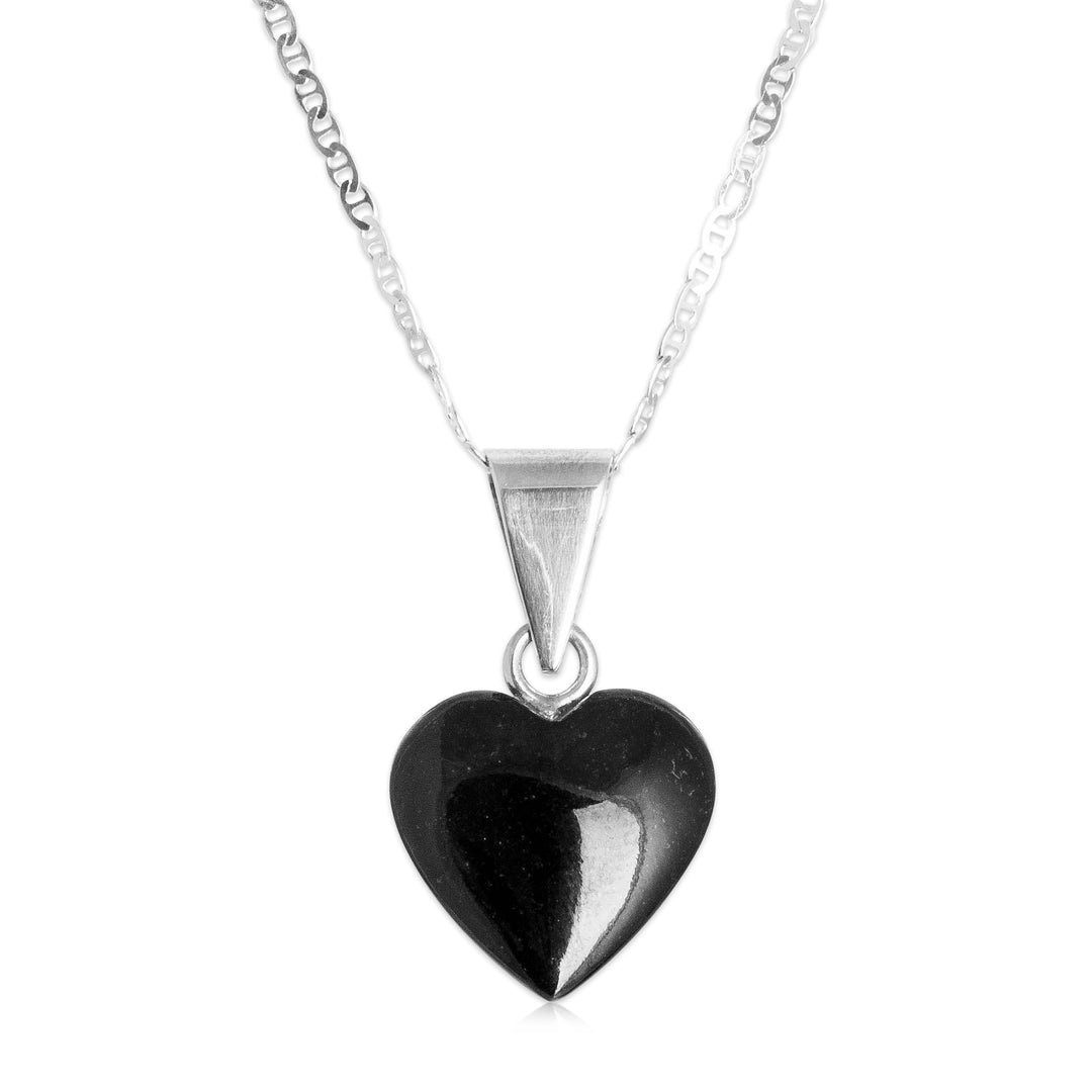Black Jade Sterling Silver Heart Pendant Necklace Guatemala - Mayan Heart in Black