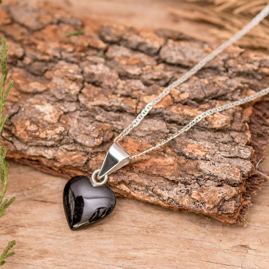 Black Jade Sterling Silver Heart Pendant Necklace Guatemala - Mayan Heart in Black