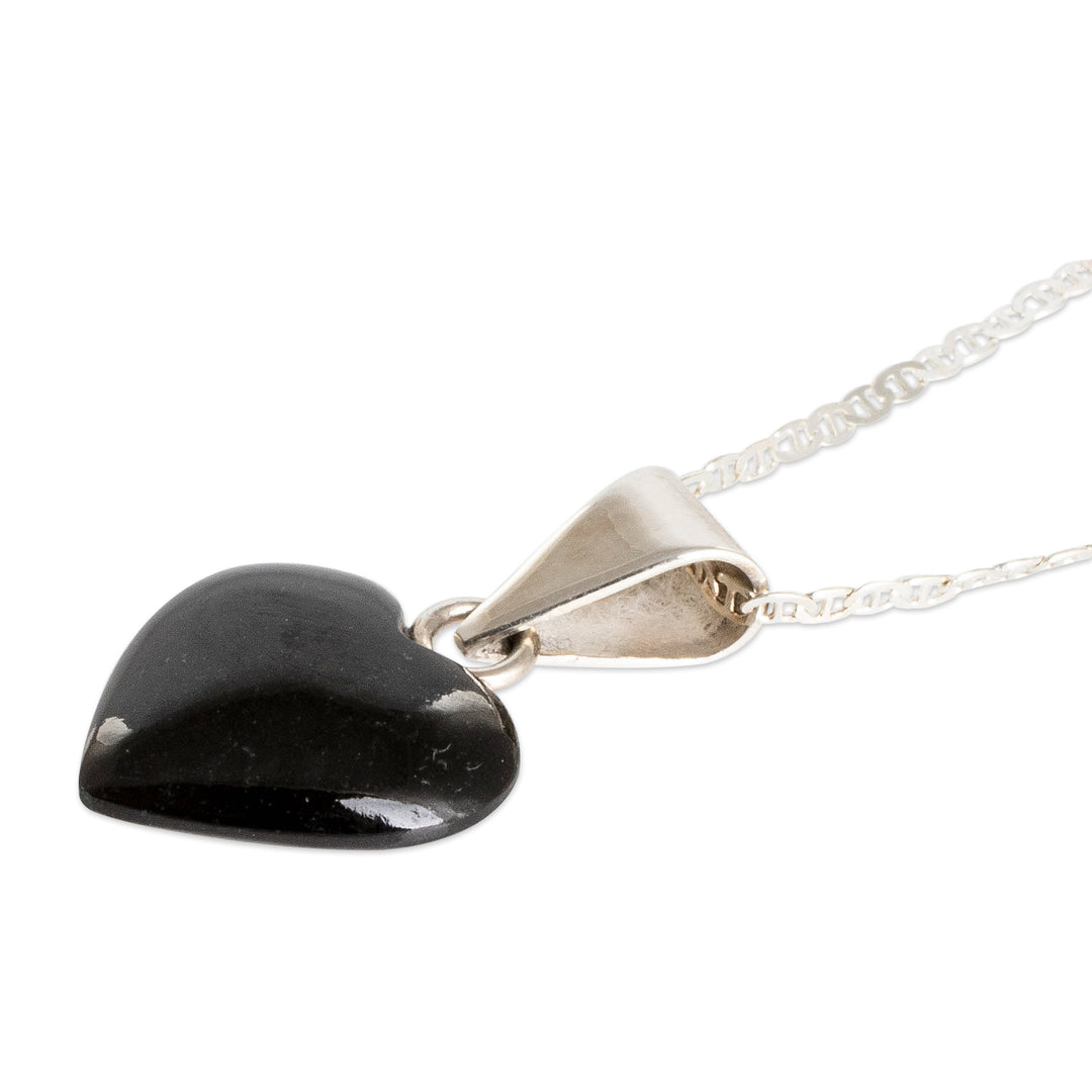 Black Jade Sterling Silver Heart Pendant Necklace Guatemala - Mayan Heart in Black