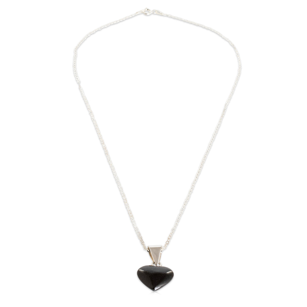 Black Jade Sterling Silver Heart Pendant Necklace Guatemala - Mayan Heart in Black