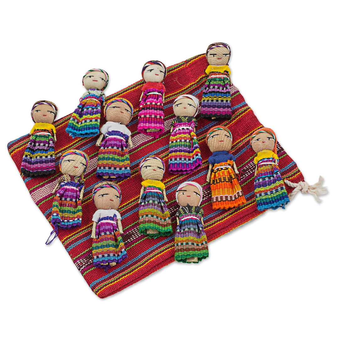 Set of 12 Guatemalan Worry Dolls with Pouch in 100% Cotton - The Worry Doll League