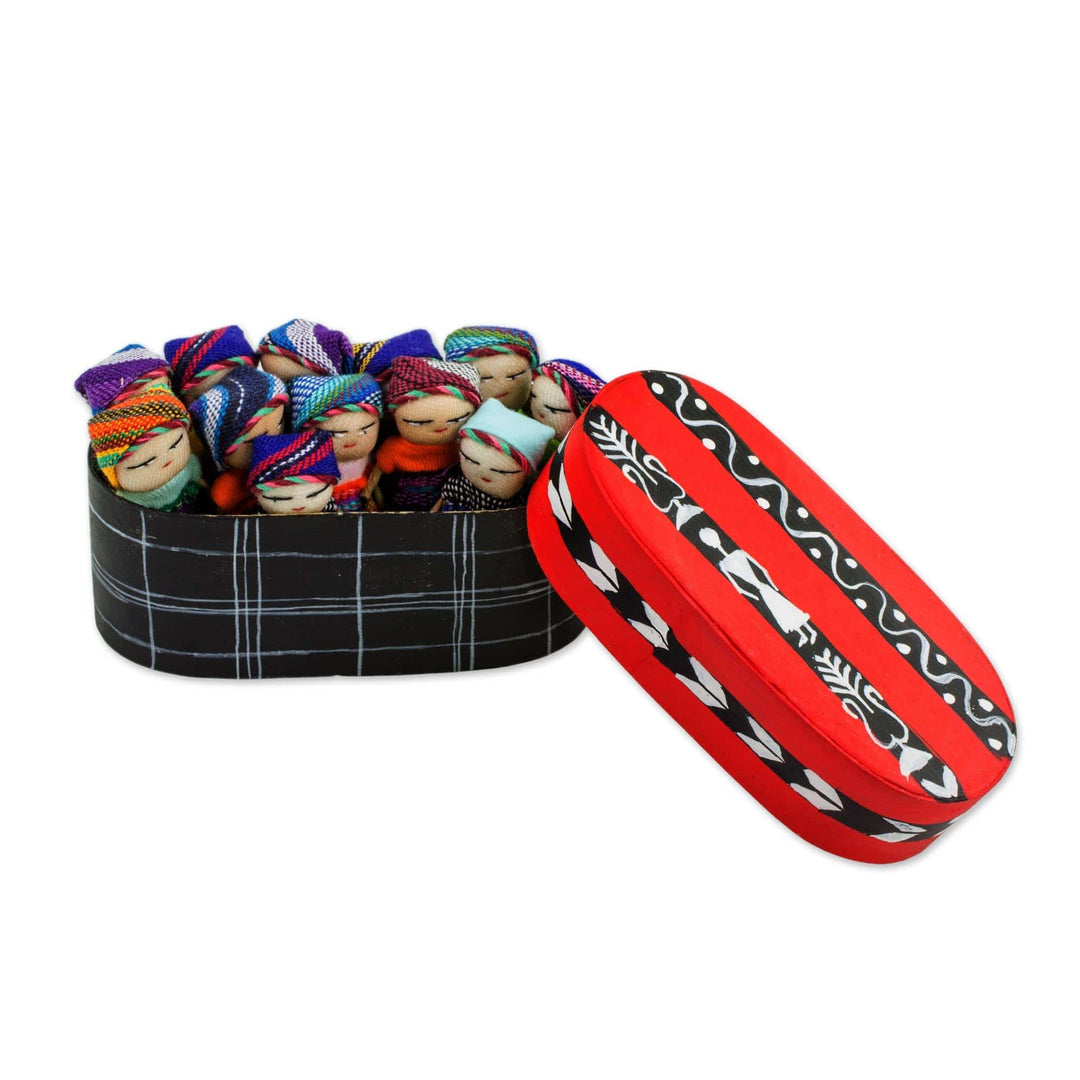 Twelve Cotton Worry Dolls with a Pinewood Box from Guatemala - Country Beauties