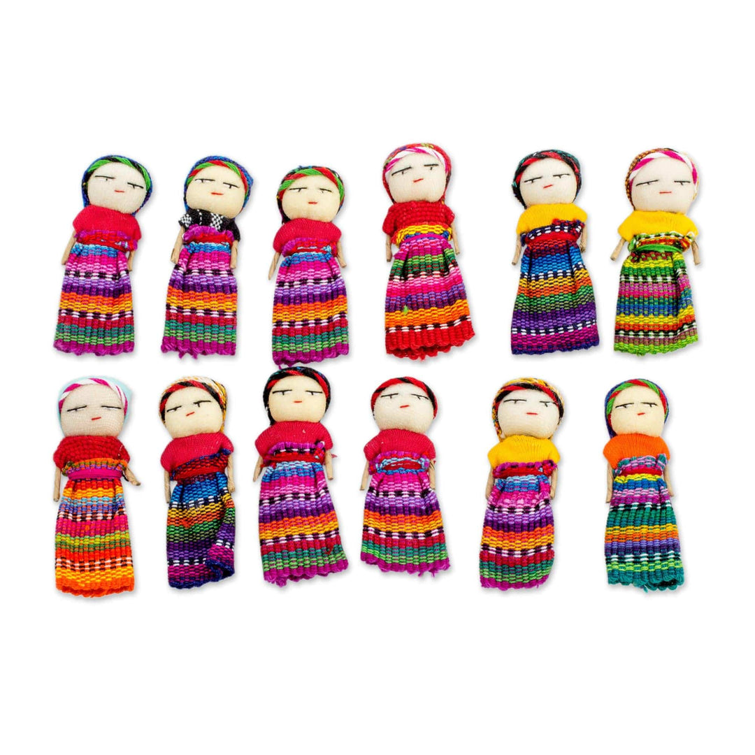Twelve Cotton Worry Dolls with a Pinewood Box from Guatemala - Country Beauties