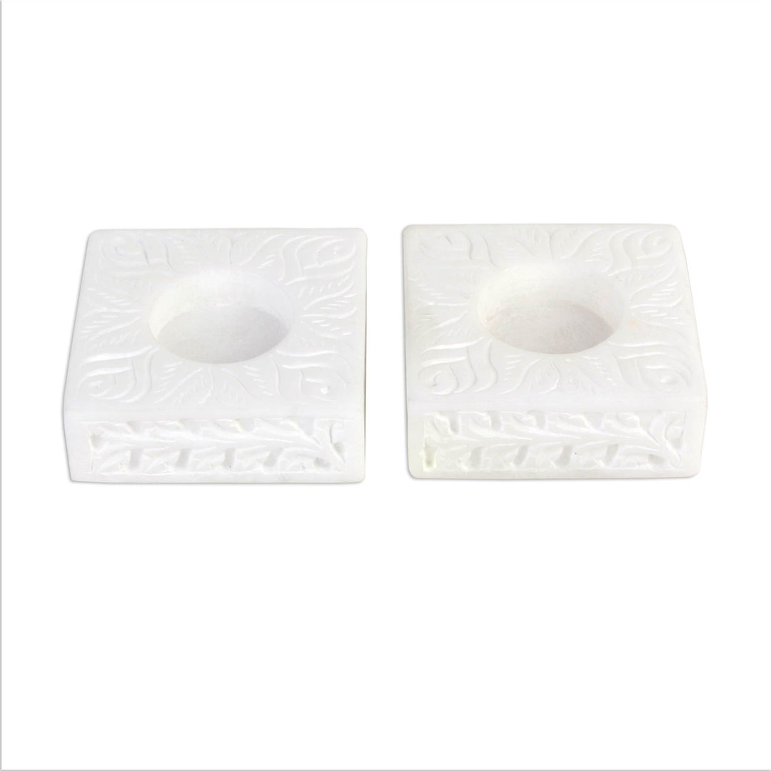 Square Marble Tealight Holder with Engraved Vines (Pair) - White Garden
