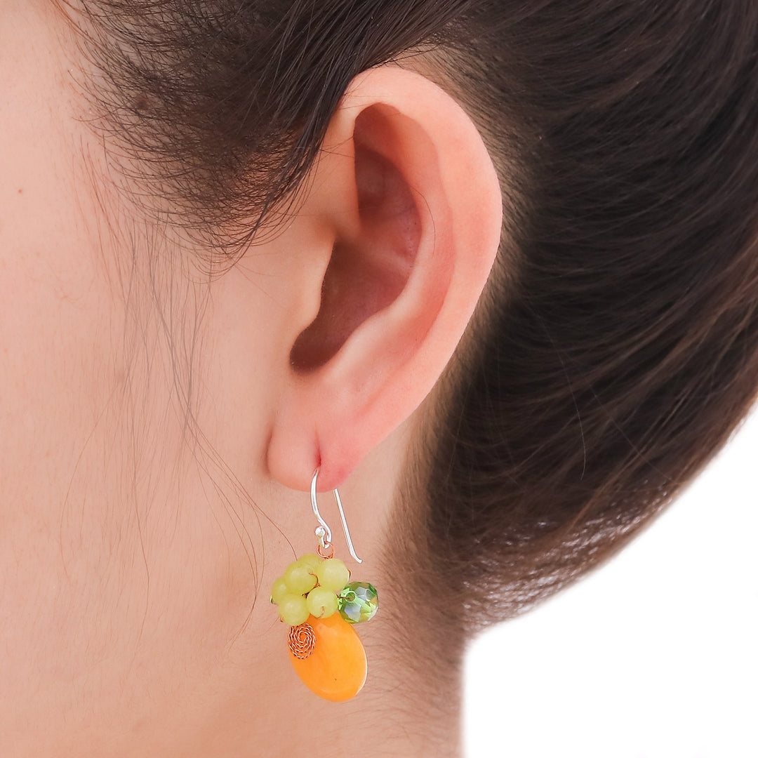Orange Quartz and Glass Bead Dangle Earrings with Copper - Moonlight Garden in Orange