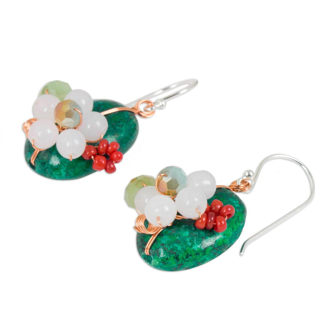 Serpentine Quartz and Glass Bead Dangle Earrings with Copper - Garden Bliss in Teal