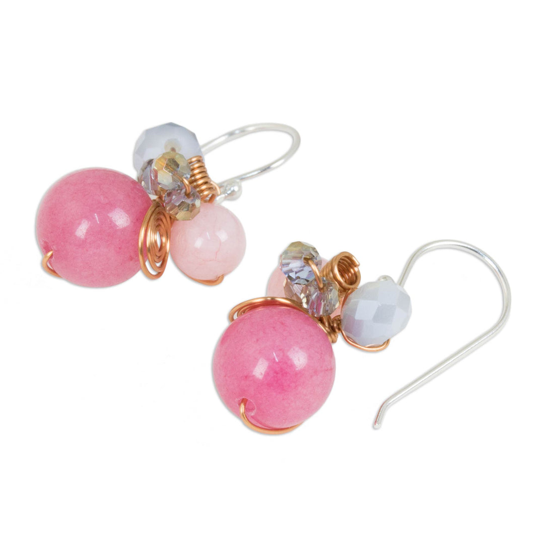 Pink Quartz and Glass Bead Dangle Earrings with Copper - Pink Bubbles
