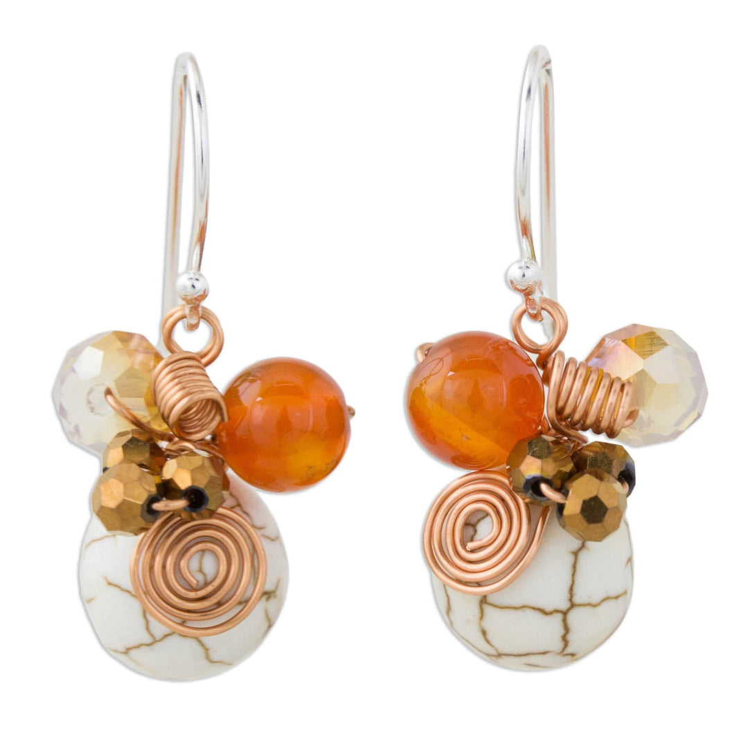 Calcite Carnelian and Glass Bead Dangle Earrings with Copper - White Bubbles