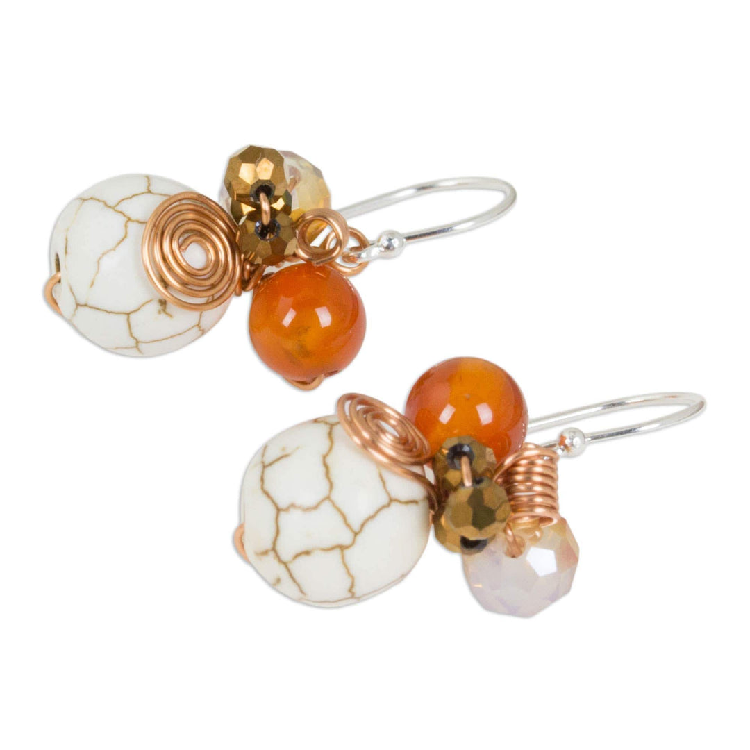 Calcite Carnelian and Glass Bead Dangle Earrings with Copper - White Bubbles