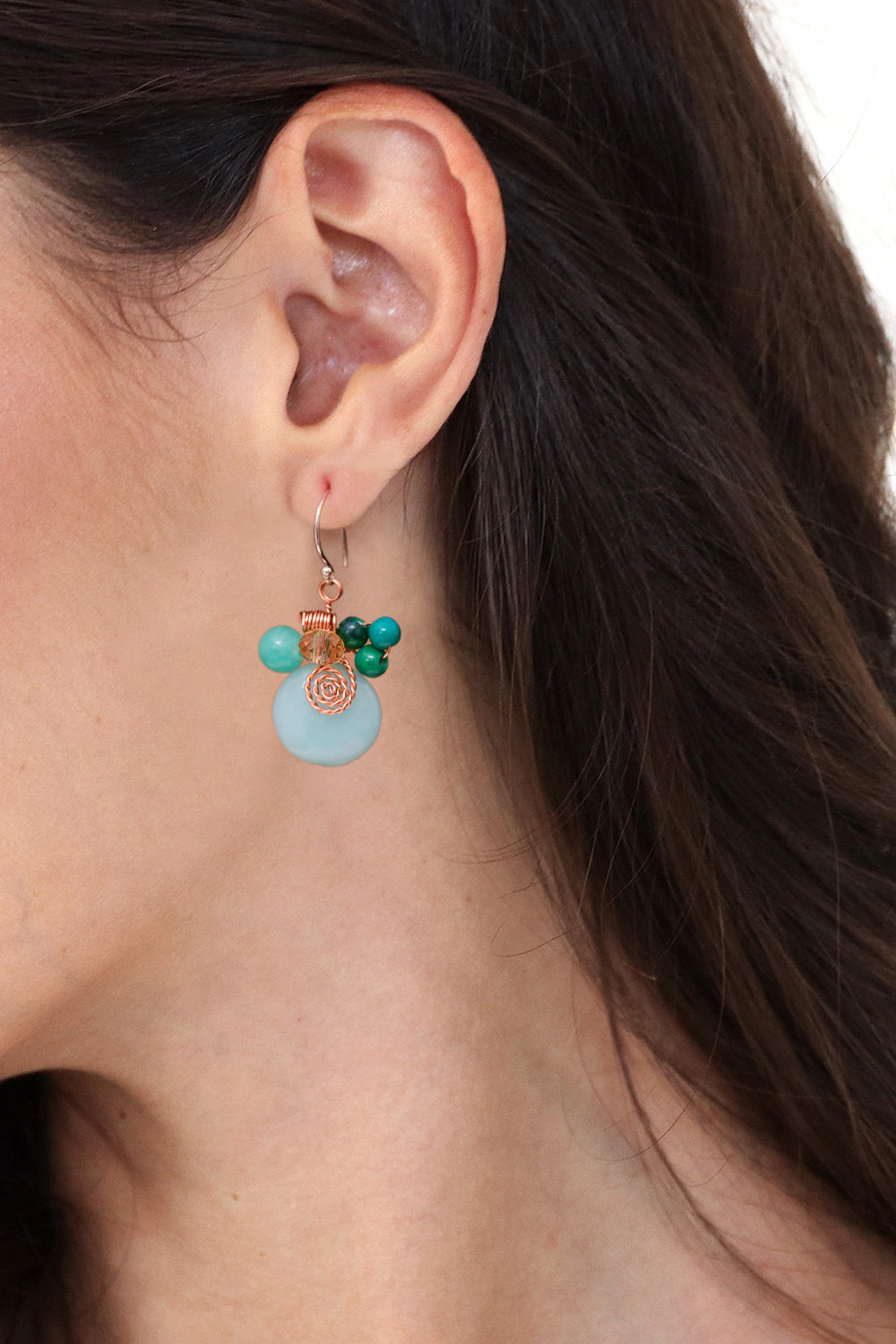 Serpentine Quartz and Glass Bead Dangle Earrings with Copper - Moonlight Garden in Aqua