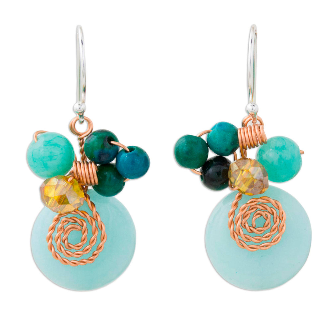 Serpentine Quartz and Glass Bead Dangle Earrings with Copper - Moonlight Garden in Aqua