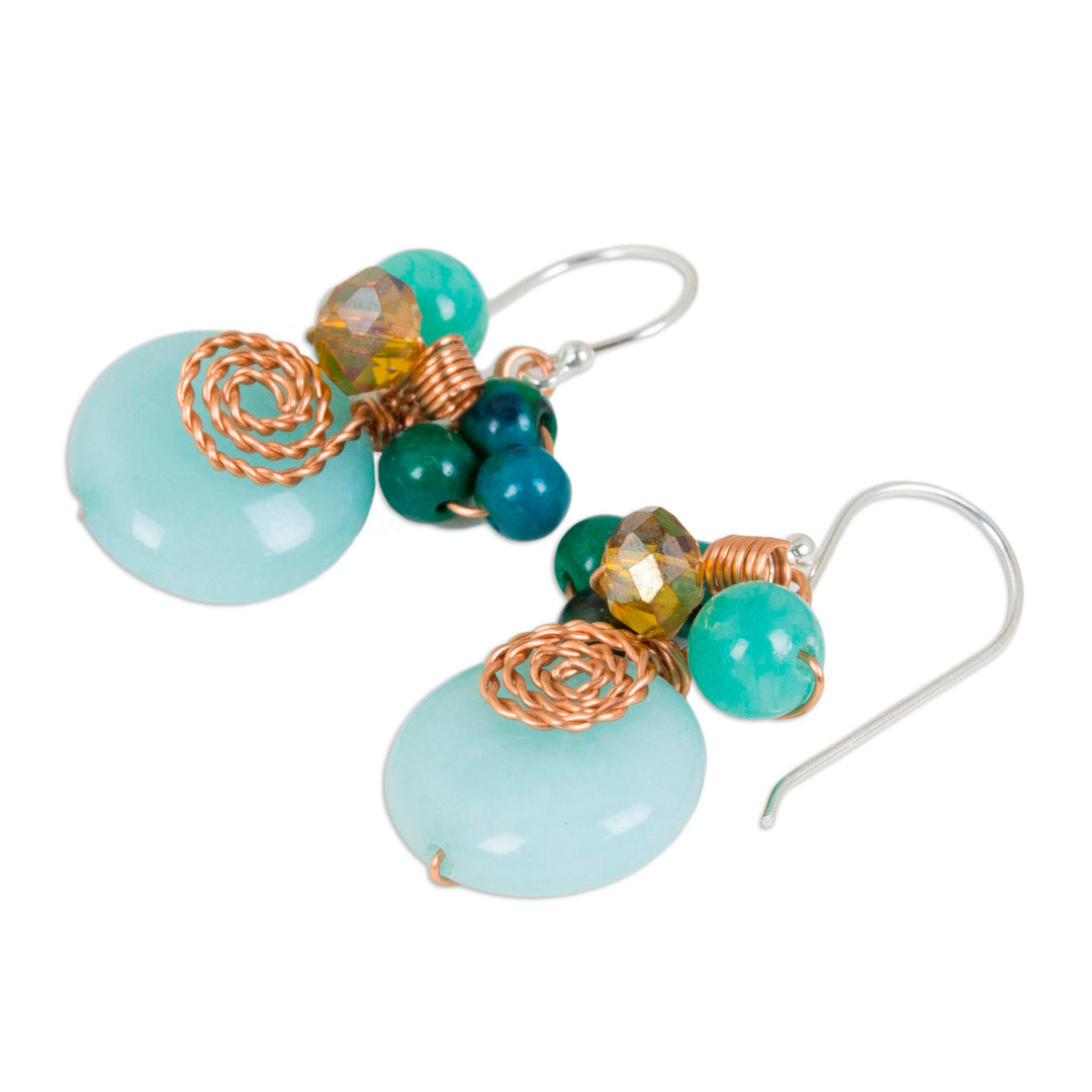 Serpentine Quartz and Glass Bead Dangle Earrings with Copper - Moonlight Garden in Aqua