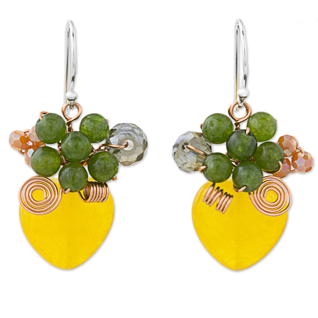 Heart Shaped Yellow Quartz and Glass Bead Dangle Earrings - Love Garden in Yellow