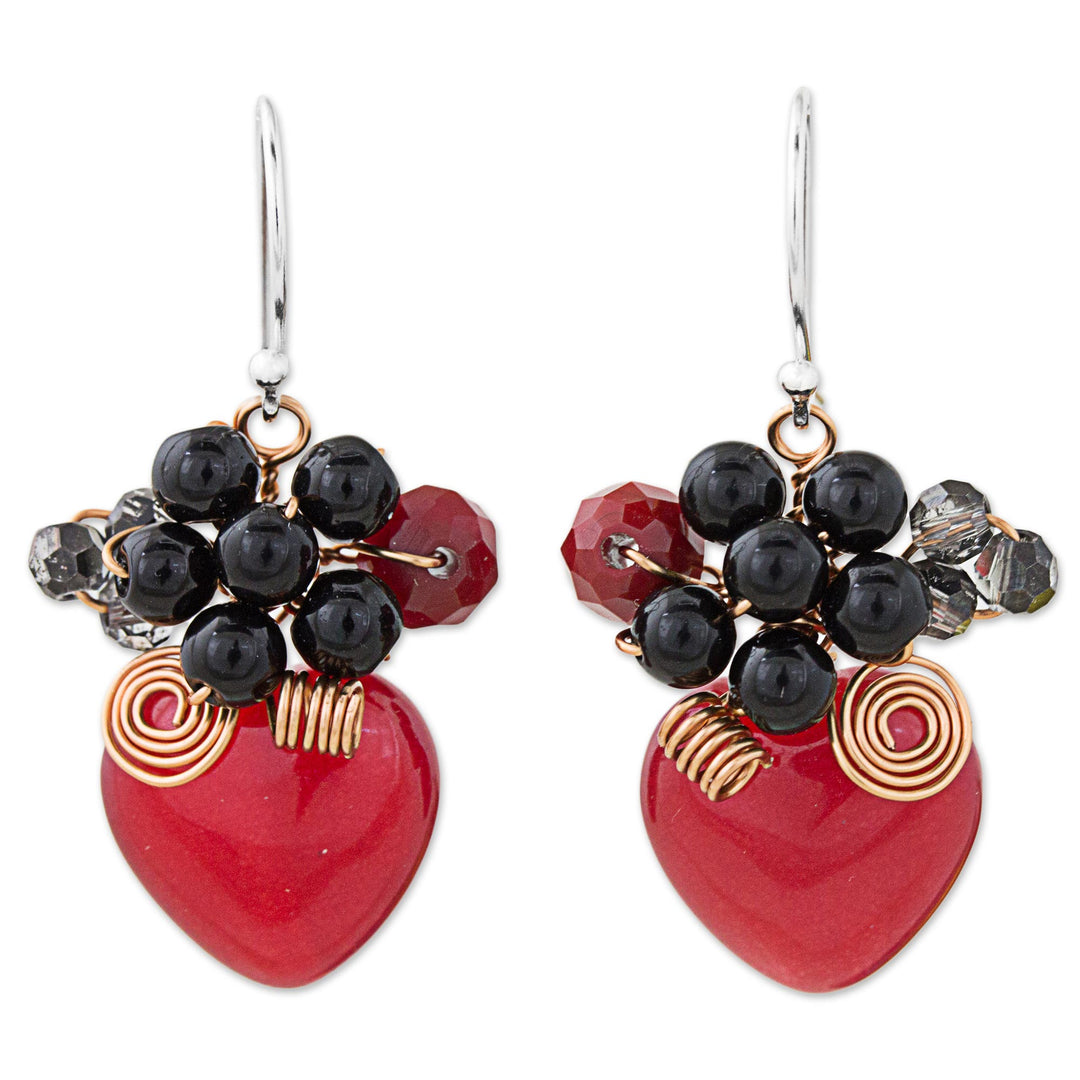 Heart Shaped Red Quartz Onyx and Glass Bead Dangle Earrings - Love Garden in Red