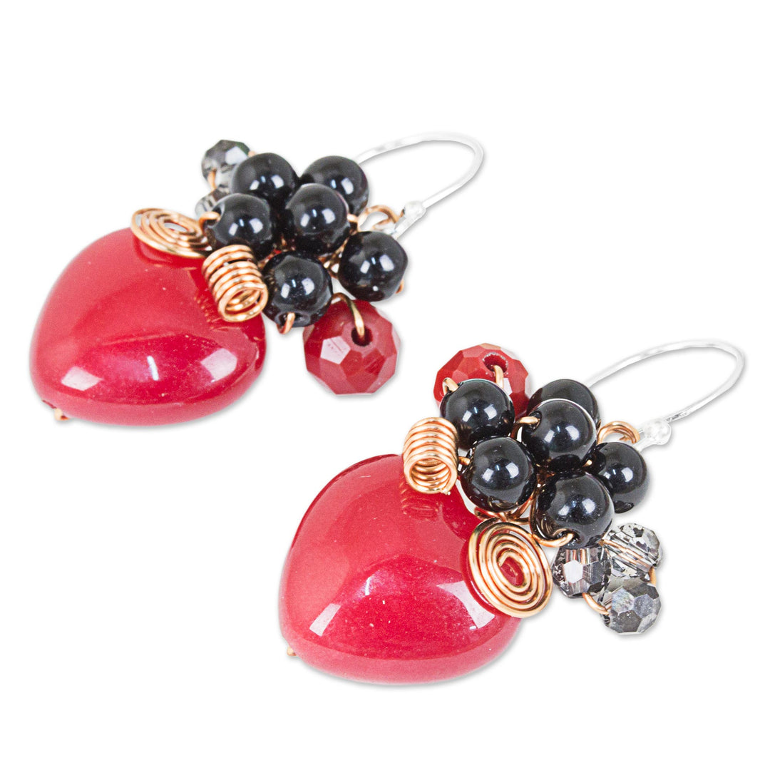 Heart Shaped Red Quartz Onyx and Glass Bead Dangle Earrings - Love Garden in Red