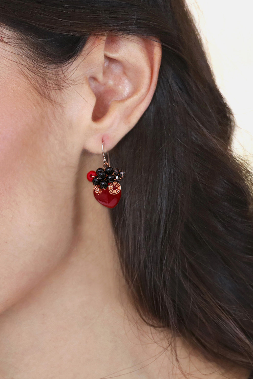 Heart Shaped Red Quartz Onyx and Glass Bead Dangle Earrings - Love Garden in Red