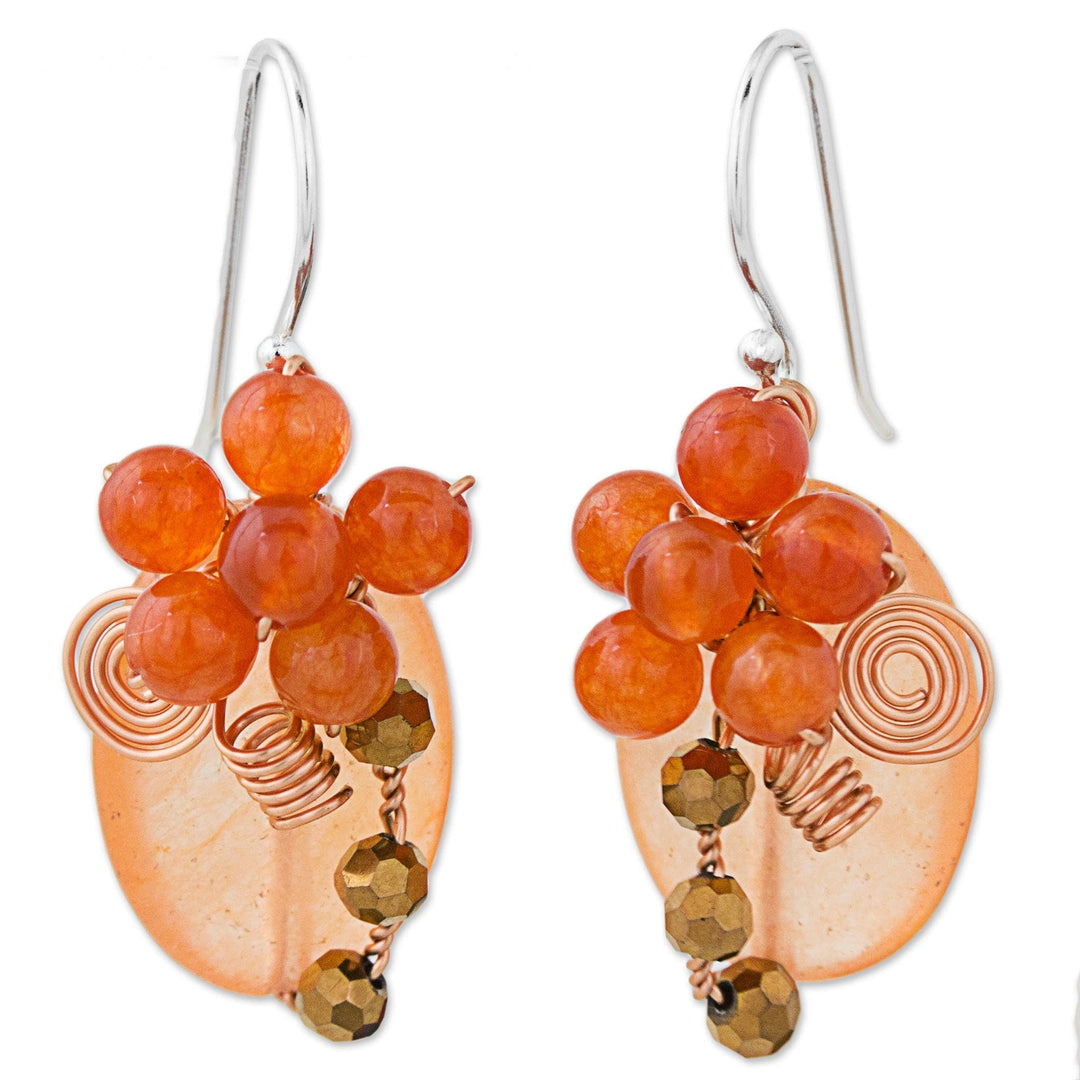 Orange Quartz and Glass Bead Dangle Earrings with Copper - Garden Bliss in Orange