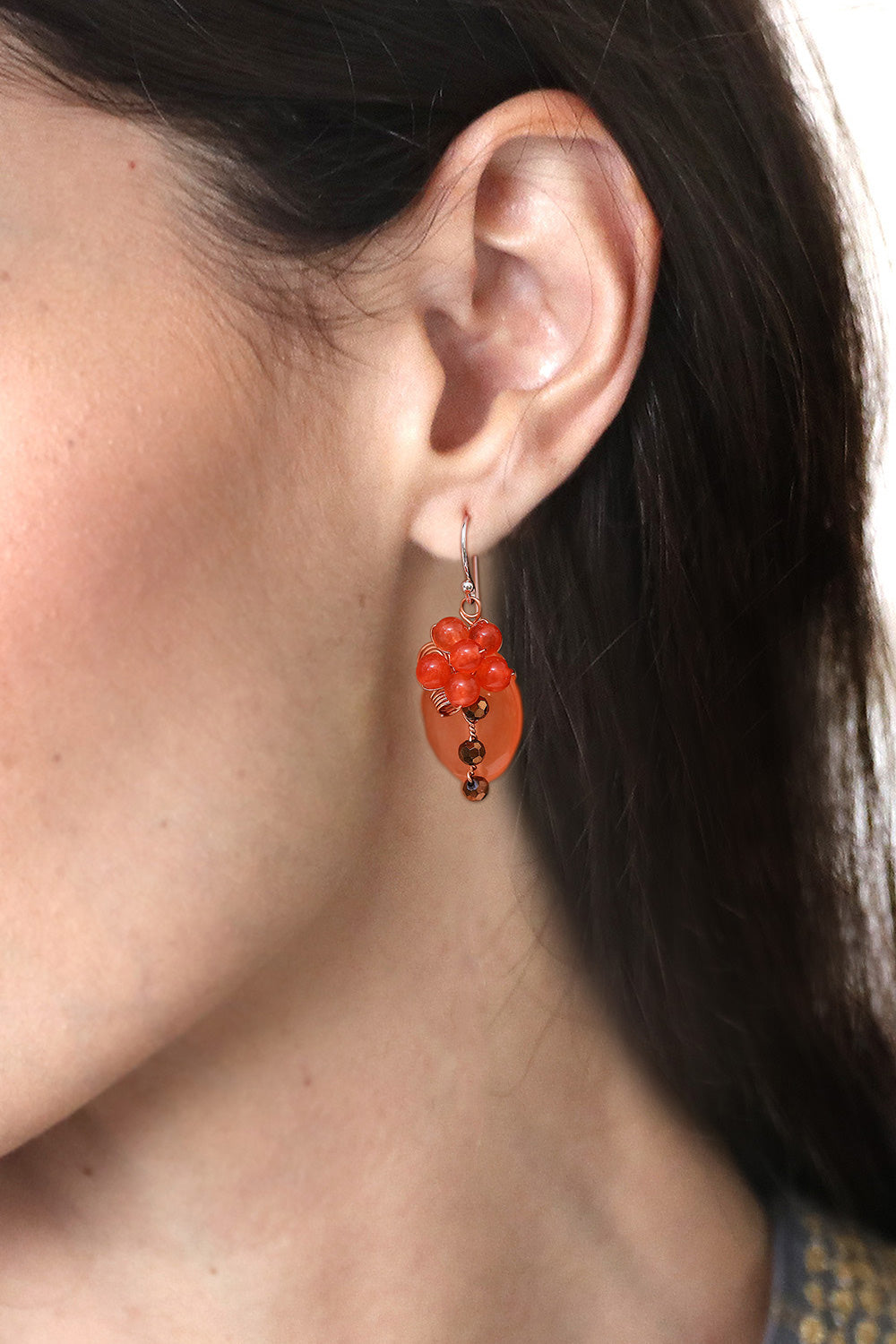 Orange Quartz and Glass Bead Dangle Earrings with Copper - Garden Bliss in Orange