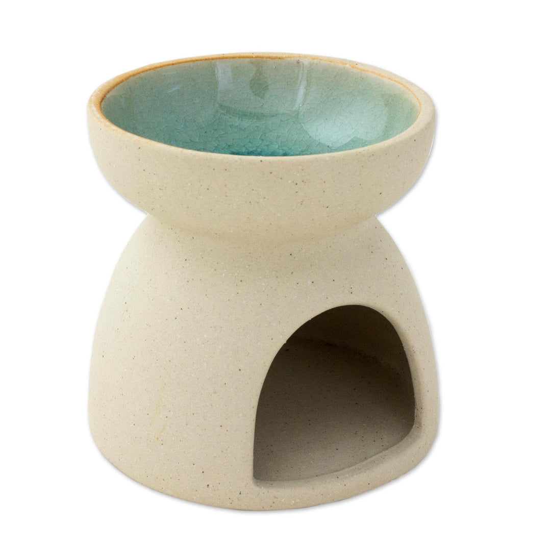 Ceramic Oil Warmer with Elephant Carving from Thailand - Mother and Child Elephant