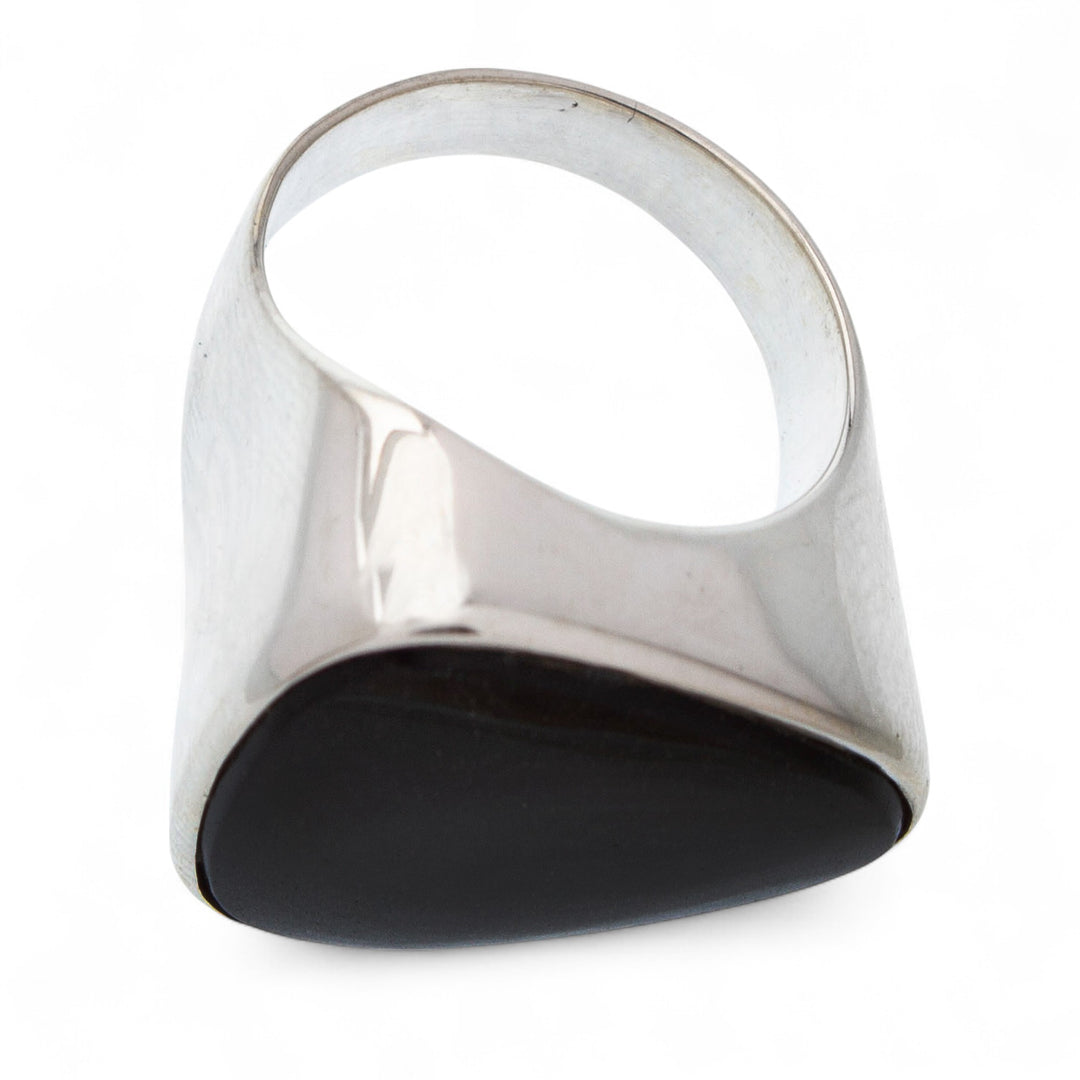 Sleek Contemporary Obsidian Women's Ring in Taxco Silver - Asymmetrical Black