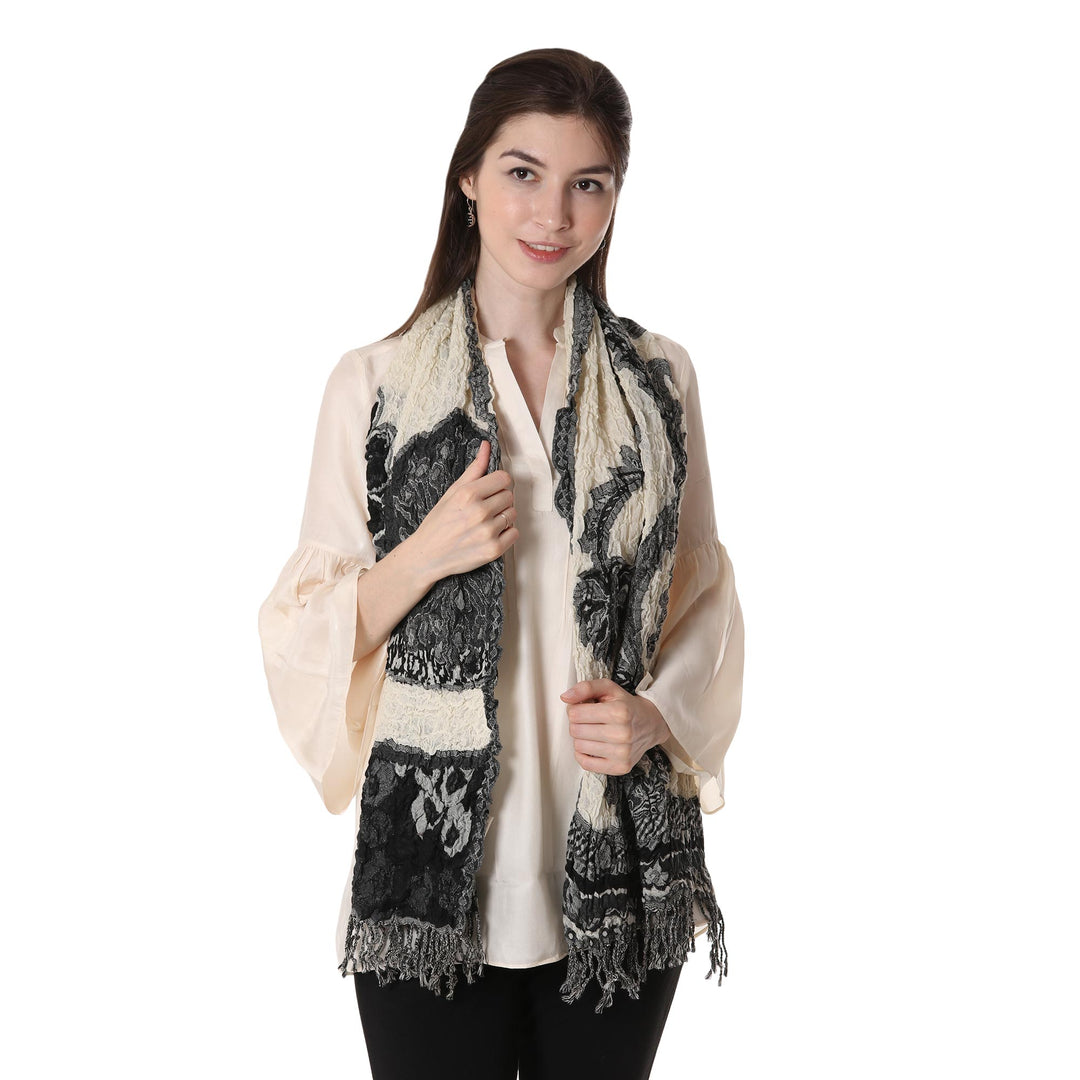 Onyx and Alabaster Floral Woven Jamawar-Inspired Shawl - Evening Garden
