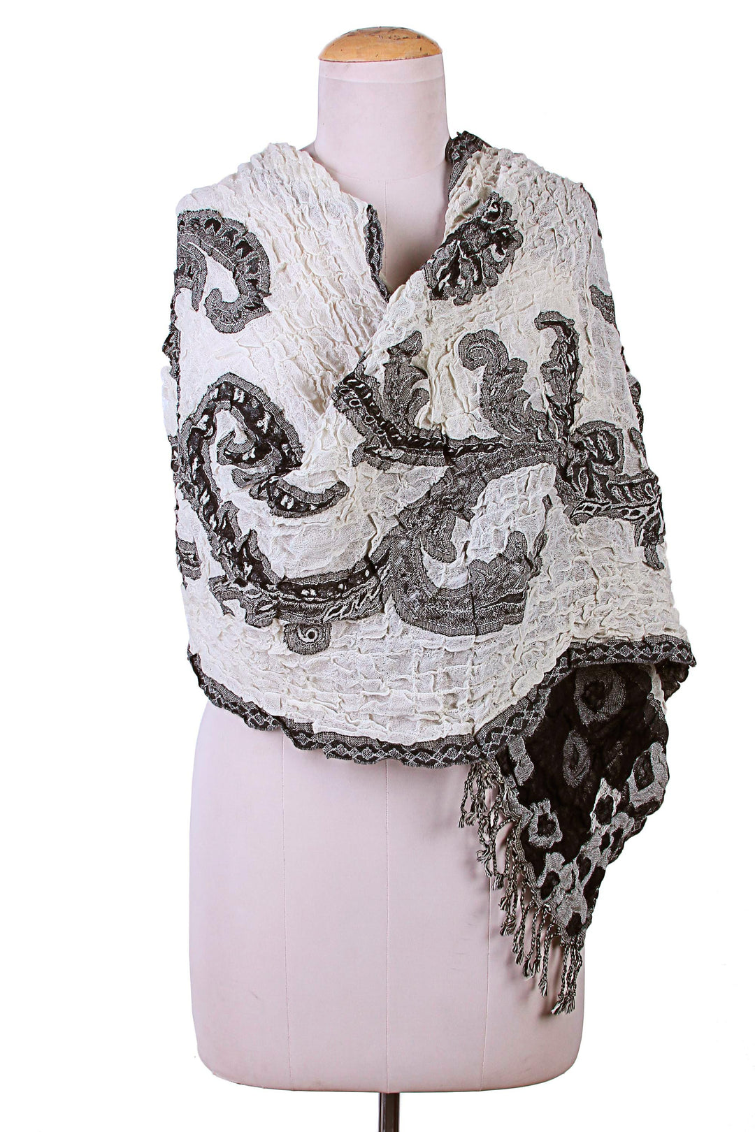 Onyx and Alabaster Floral Woven Jamawar-Inspired Shawl - Evening Garden