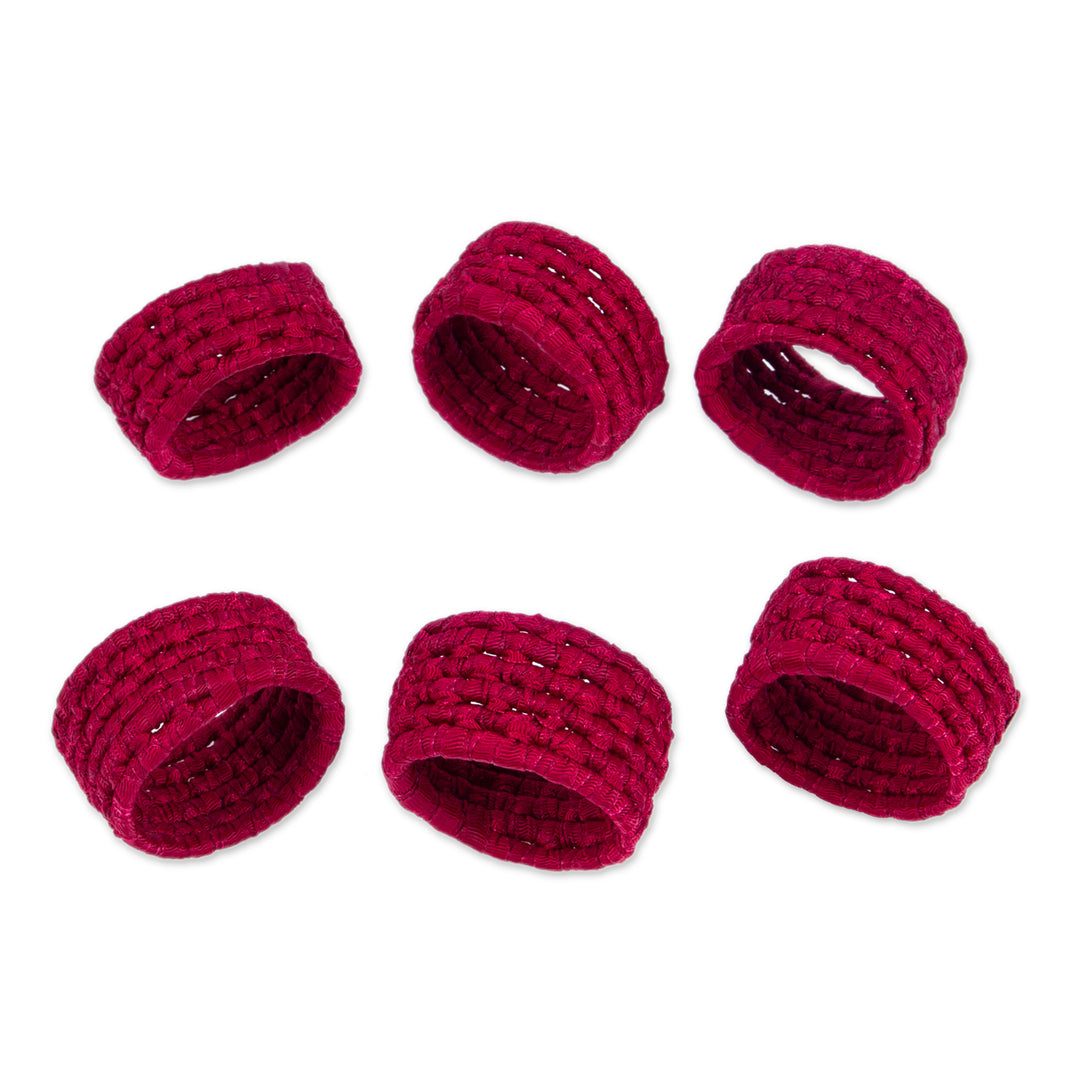 6 Handcrafted Burgundy Napkin Rings in Ribbon on Palm - Party Maroon