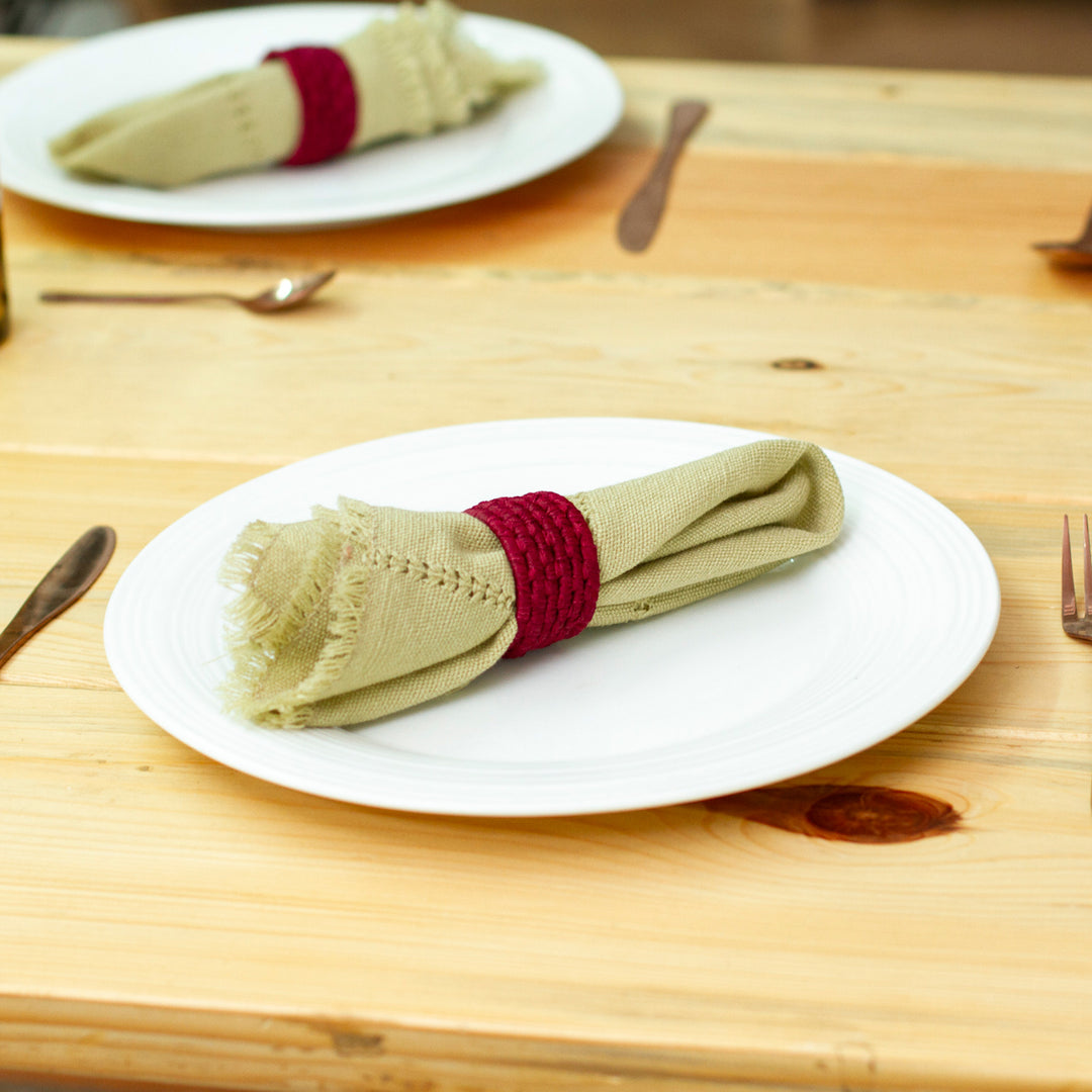 6 Handcrafted Burgundy Napkin Rings in Ribbon on Palm - Party Maroon