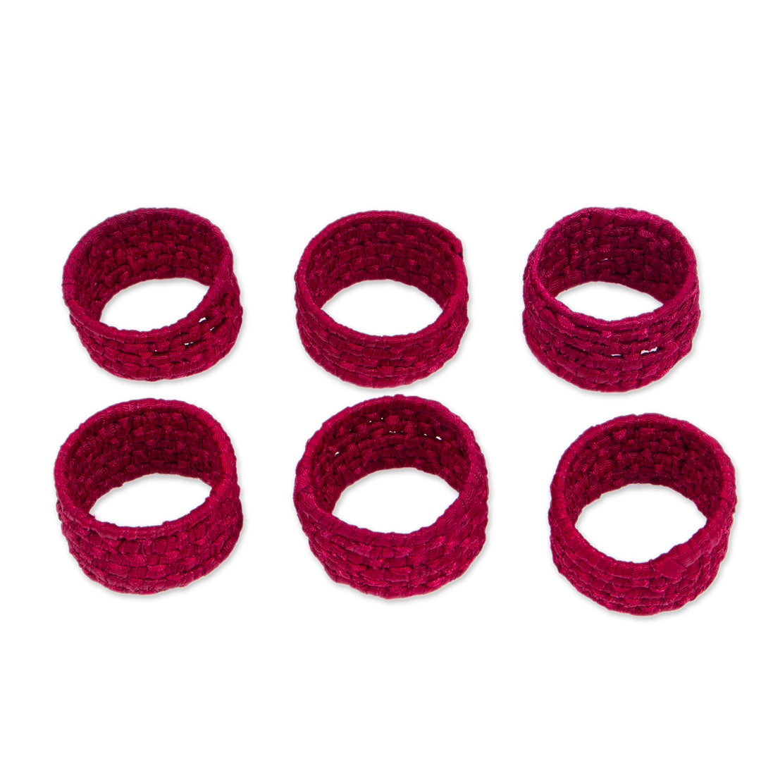 6 Handcrafted Burgundy Napkin Rings in Ribbon on Palm - Party Maroon