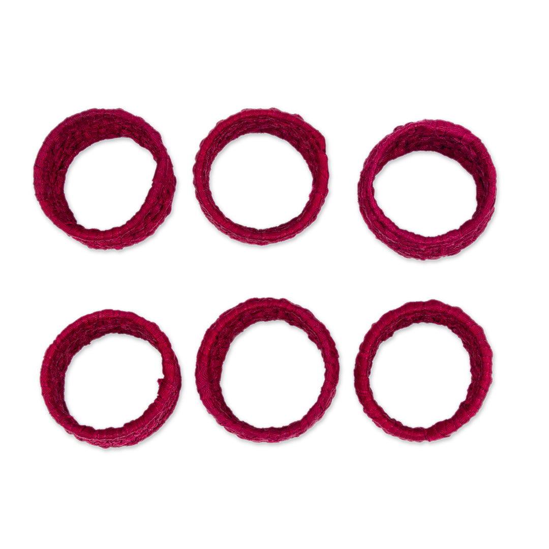 6 Handcrafted Burgundy Napkin Rings in Ribbon on Palm - Party Maroon