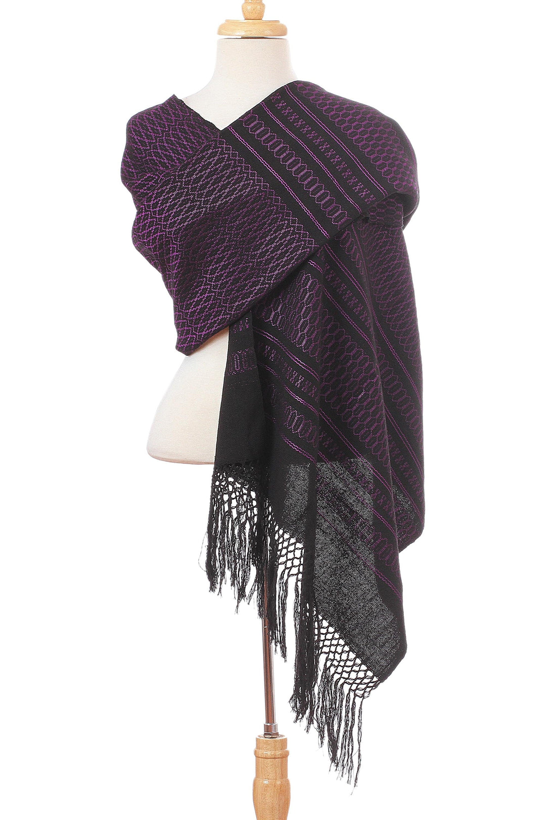 Zapotec Handwoven Black and Purple Rebozo Shawl - Fiesta in Black and Purple