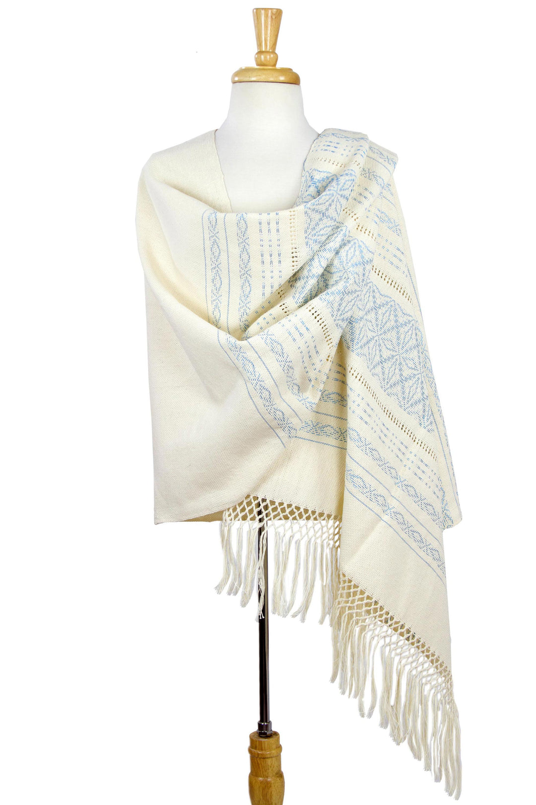 Creamy Cotton Handwoven Shawl with Light Blue Stars - Azure Stars of Teotitlan