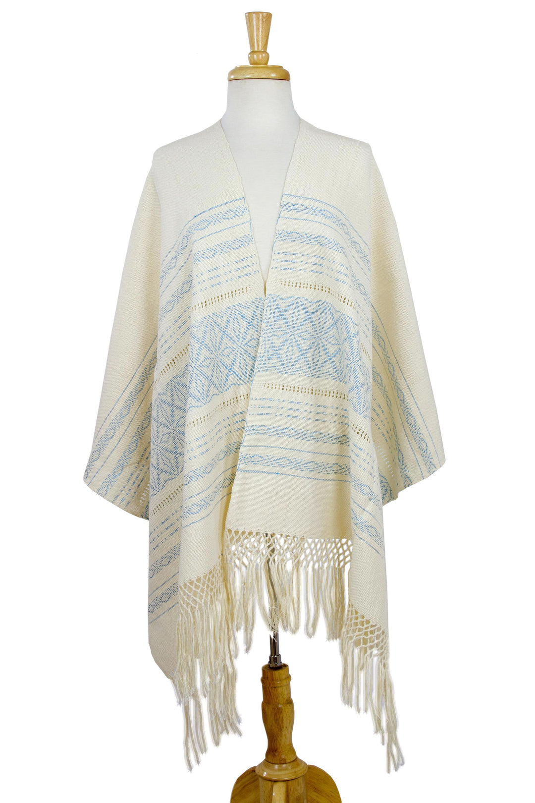 Creamy Cotton Handwoven Shawl with Light Blue Stars - Azure Stars of Teotitlan